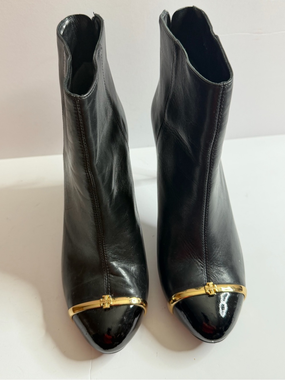 Tory Burch Black Leather Ankle Booties with Gold Toe Bar